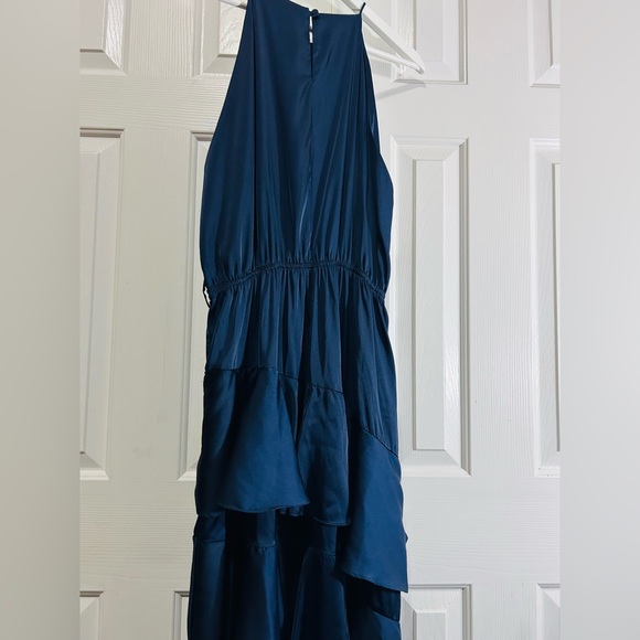 Petal & Pup Seychelles Navy Tiered Ruffle Maxi Dress Halter Satin Evening Dress - Picture 4 of 9